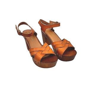 Madden Girl Nancieee Tan Cognac Platform Block Heel Clog Sandals Womens 7M